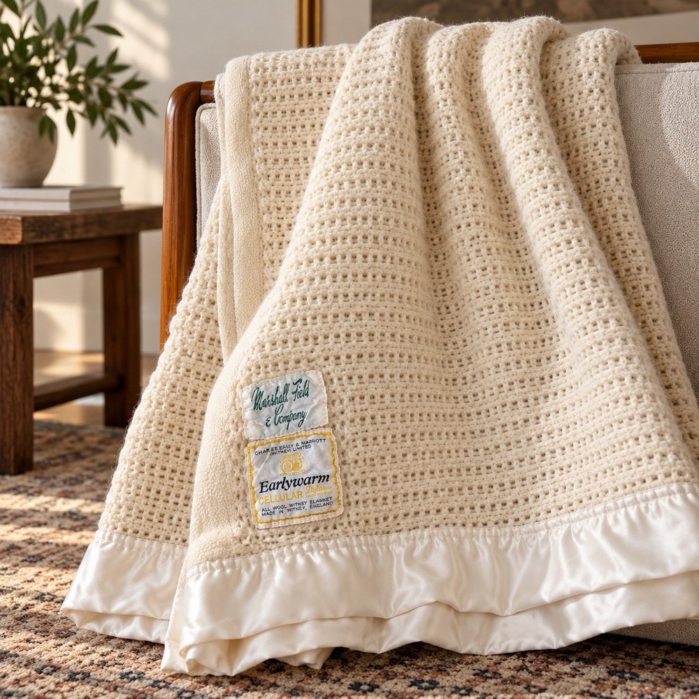 Vintage Marshall Field Earlywarm 100% Wool Cellular Blanket England 82x68 Ivory